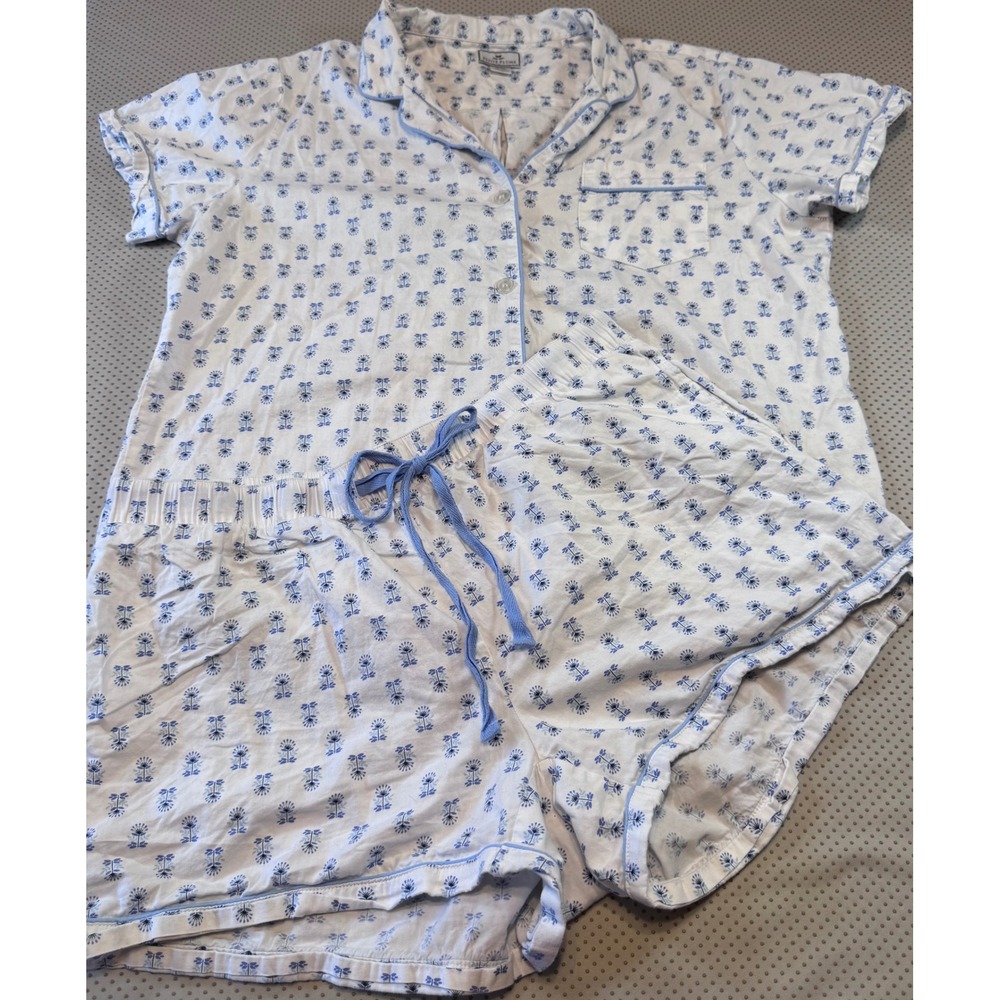 Petite Plume Womens Large Blue Floral Cotton Short Pajama Set 2pc Loungewear